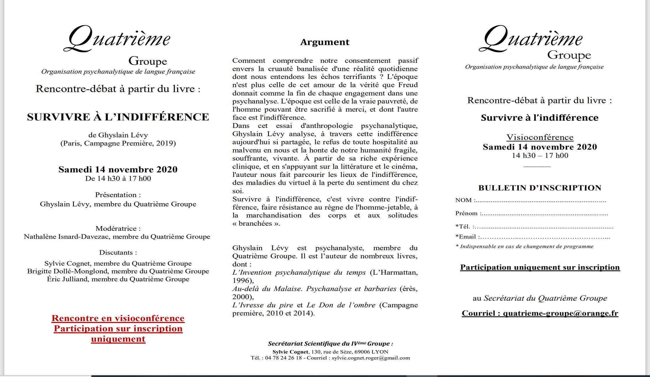 Programme de la rencontre débat autour du livre de G lévy Survivre à l'indifférence